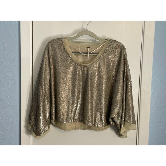 Free People Blouse XS Gold Sequin Cropped Glam Swiftie Festival Bling Club - Picture 3 of 8